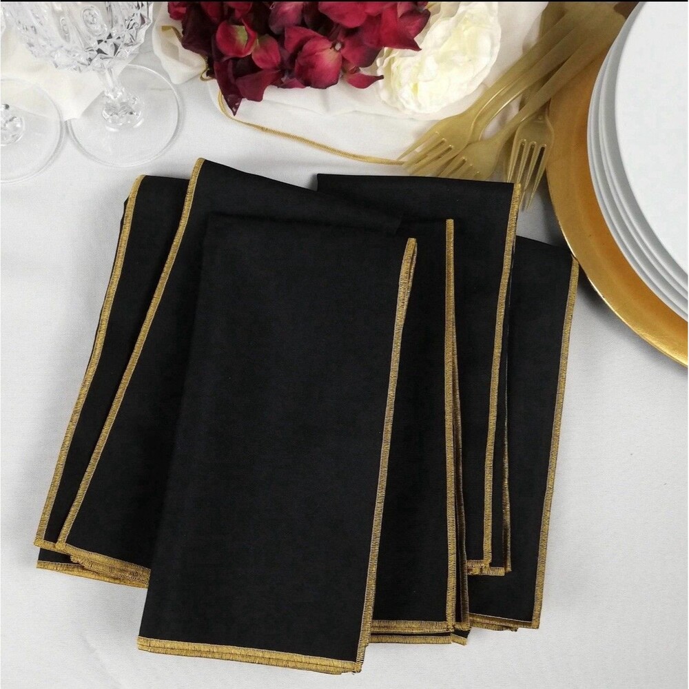 Set of 6 Black Cloth Napkins Gold Trim 18x18 Elegant Formal Dinner Table Linens